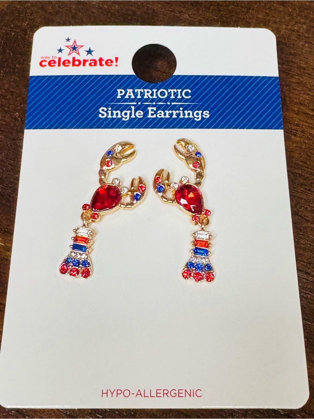 Patriotic Red, Blue & Gold Lobster Dangle Earrings